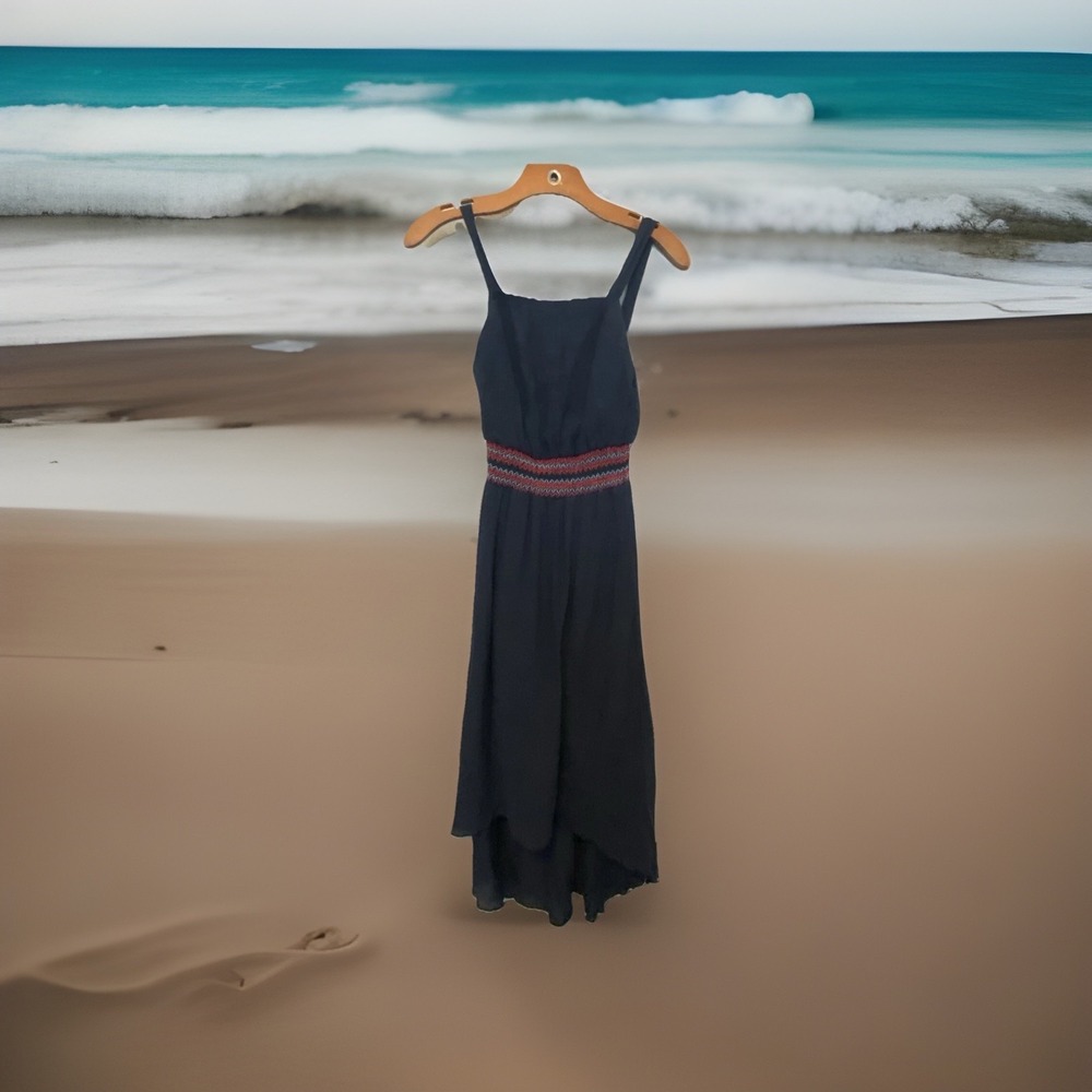 Paper Doll Dress Junior 16 Navy Sundress Shirring Waist Multi-colored Tread Maxi